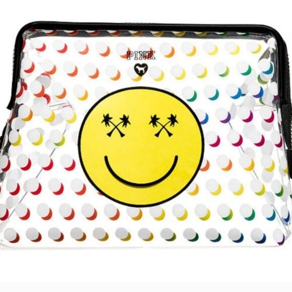 Victoria's Secret PINK Vacay Smiley Face Palm Trees Zipper Make-Up Bag Large NWT - Picture 1 of 11